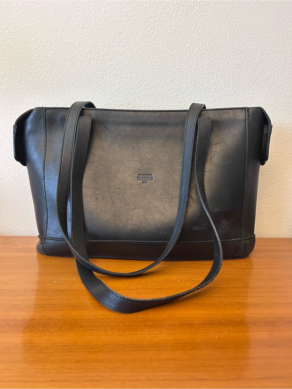Michael Green Scandia Bag USA Black Leather Tote Bag with Double Shoulder Straps